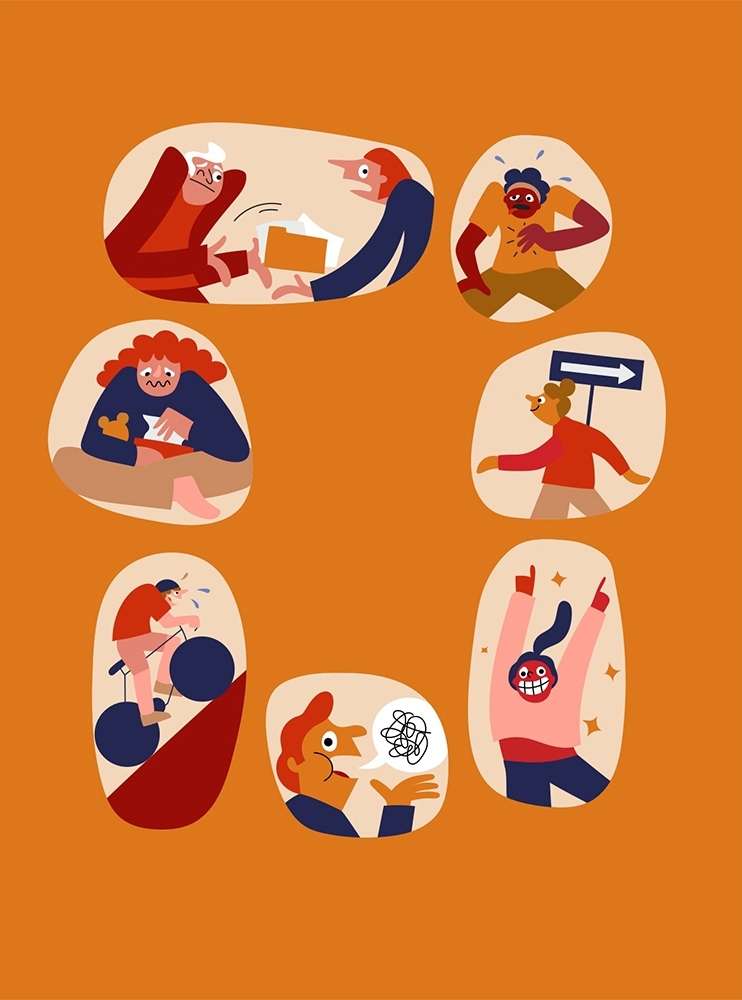 Digital illustration of various scenes depicting people in different scenarios and situations, set against an orange backdrop.