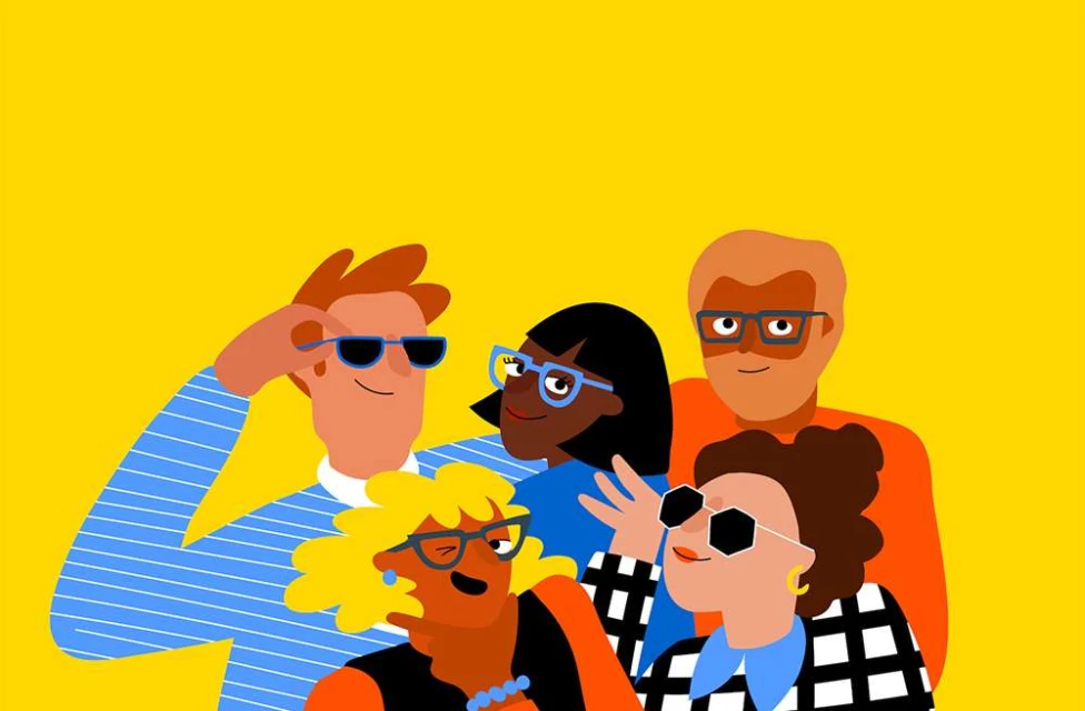 Illustration of a group of five people wearing sunglasses and eyeglasses in various poses against a solid yellow background.
