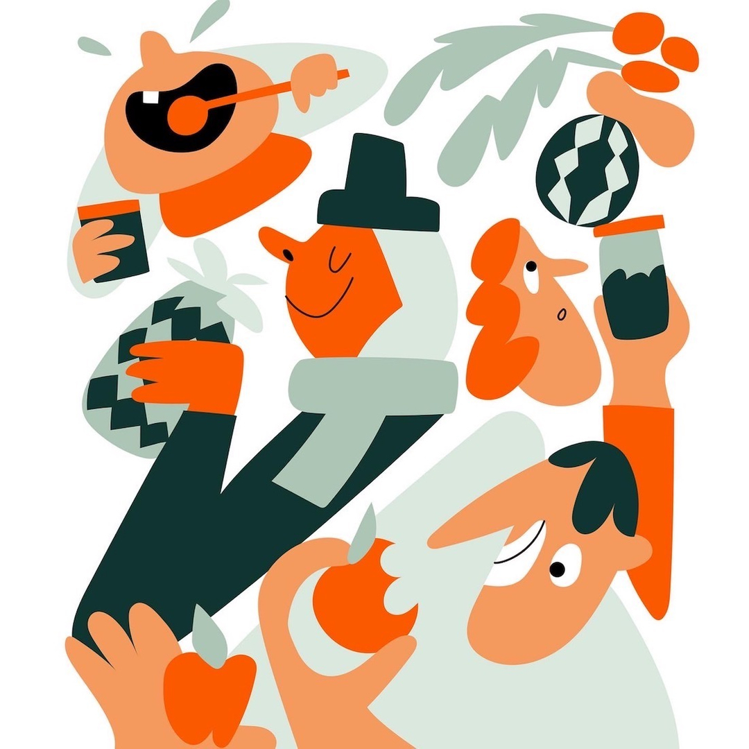 Whimsical vector illustration of a group of stylized orange-toned figures enjoying winter festivities against a clean white background.
