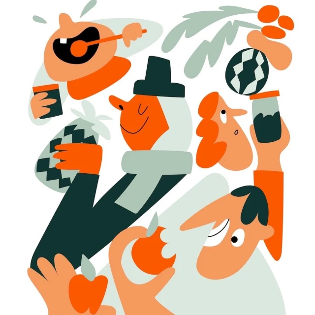 Whimsical vector illustration of a group of stylized orange-toned figures enjoying winter festivities against a clean white background.