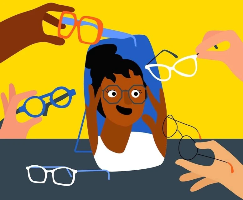 Illustrated image of a woman with various eyeglasses being held up by disembodied hands against a yellow and blue background.