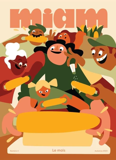 Illustration of a diverse group of people preparing corn on the cob in a kitchen setting, featuring warm colors and cartoonish style.