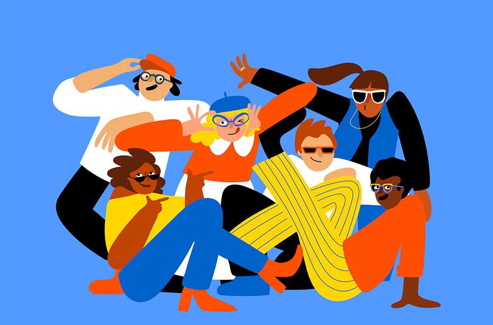 Illustration of a group of six diverse young adults posing playfully against a light blue background, showcasing a modern, flat vector style.