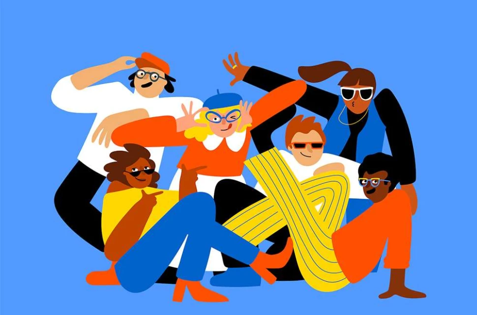 Illustration of a group of six diverse young adults posing playfully against a light blue background, showcasing a modern, flat vector style.