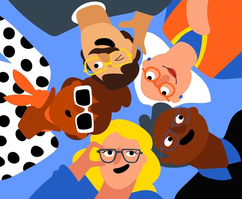 Illustration of a diverse group of five people, viewed from above, wearing glasses and smiling, set against a blue background.