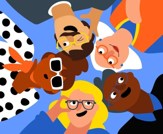 Illustration of a diverse group of five people, viewed from above, wearing glasses and smiling, set against a blue background.