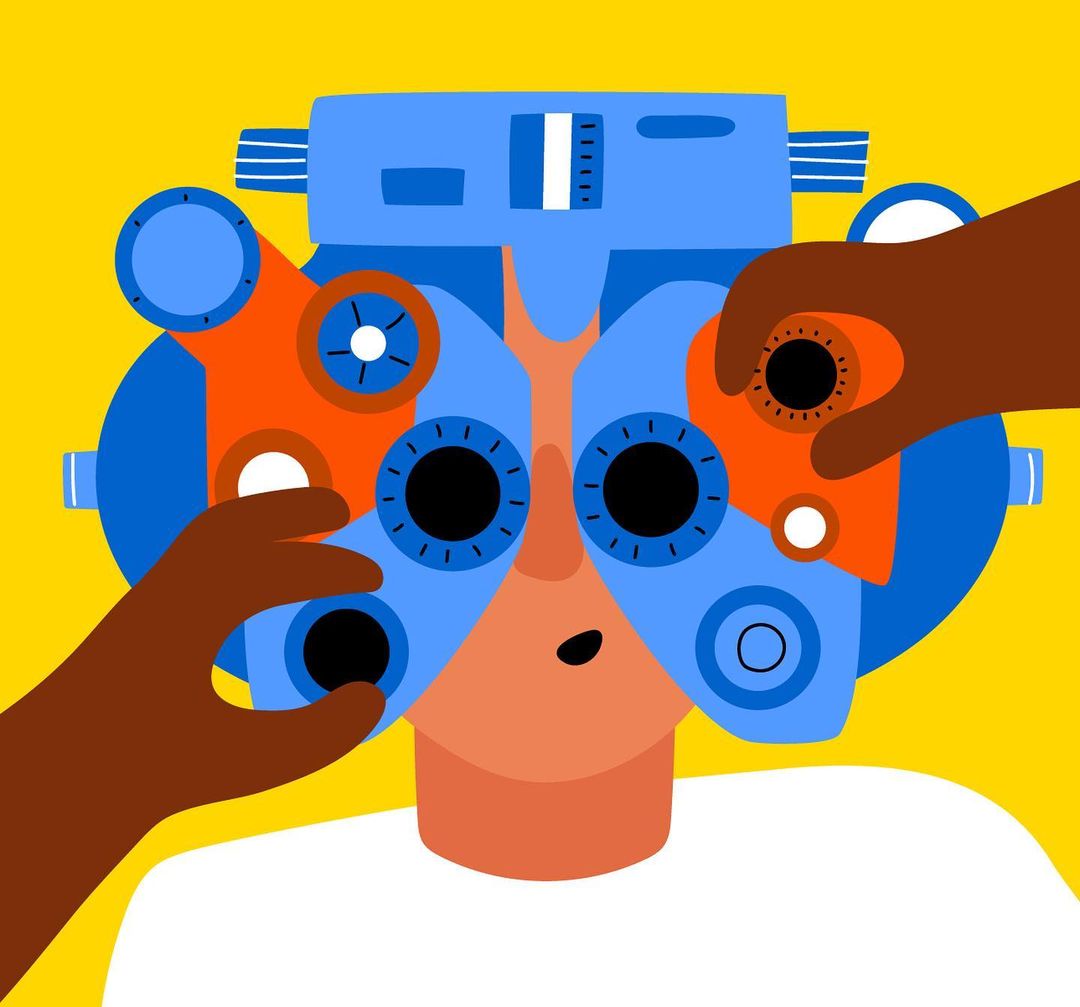 Illustration of an eye exam with a person looking through a phoropter being adjusted by two hands on a yellow background.