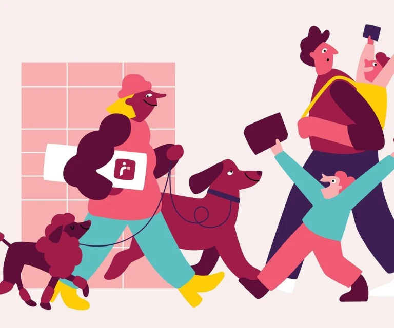 Illustrated scene of four people walking with two dogs against a pink tiled wall, rendered in a flat, graphic style.