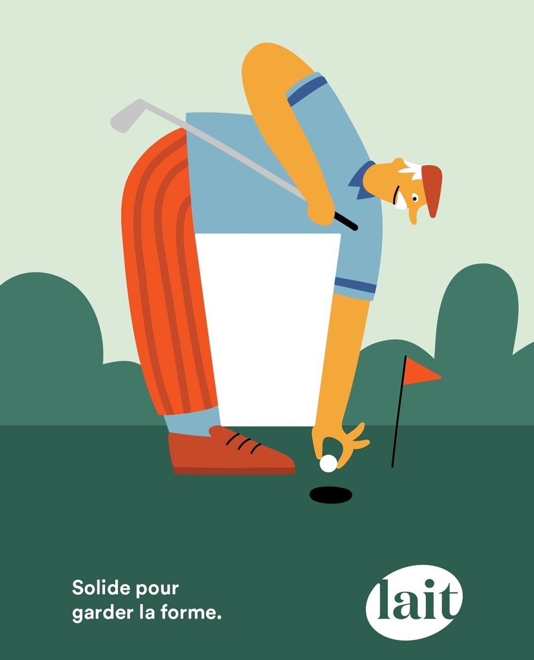 Illustration of a person playing golf, wearing orange pants and a blue shirt, bending over to place a ball at the tee.