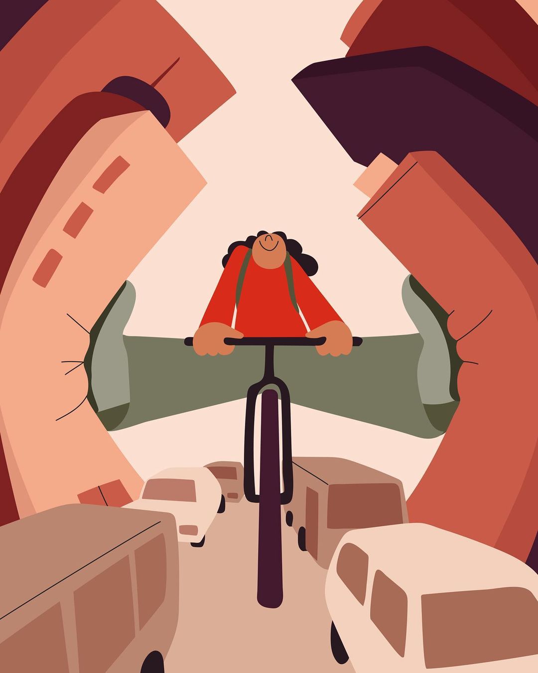 Illustration of a cyclist riding through a city street filled with cartoon cars and buildings in shades of brown, red, and green.