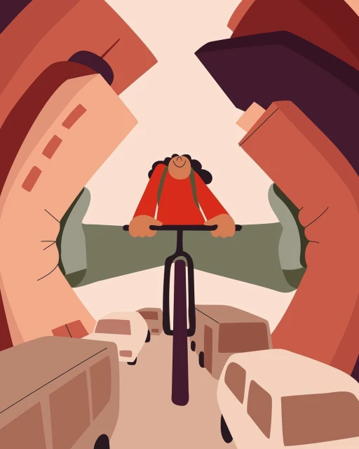 Illustration of a cyclist riding through a city street filled with cartoon cars and buildings in shades of brown, red, and green.