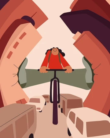 Illustration of a cyclist riding through a city street filled with cartoon cars and buildings in shades of brown, red, and green.