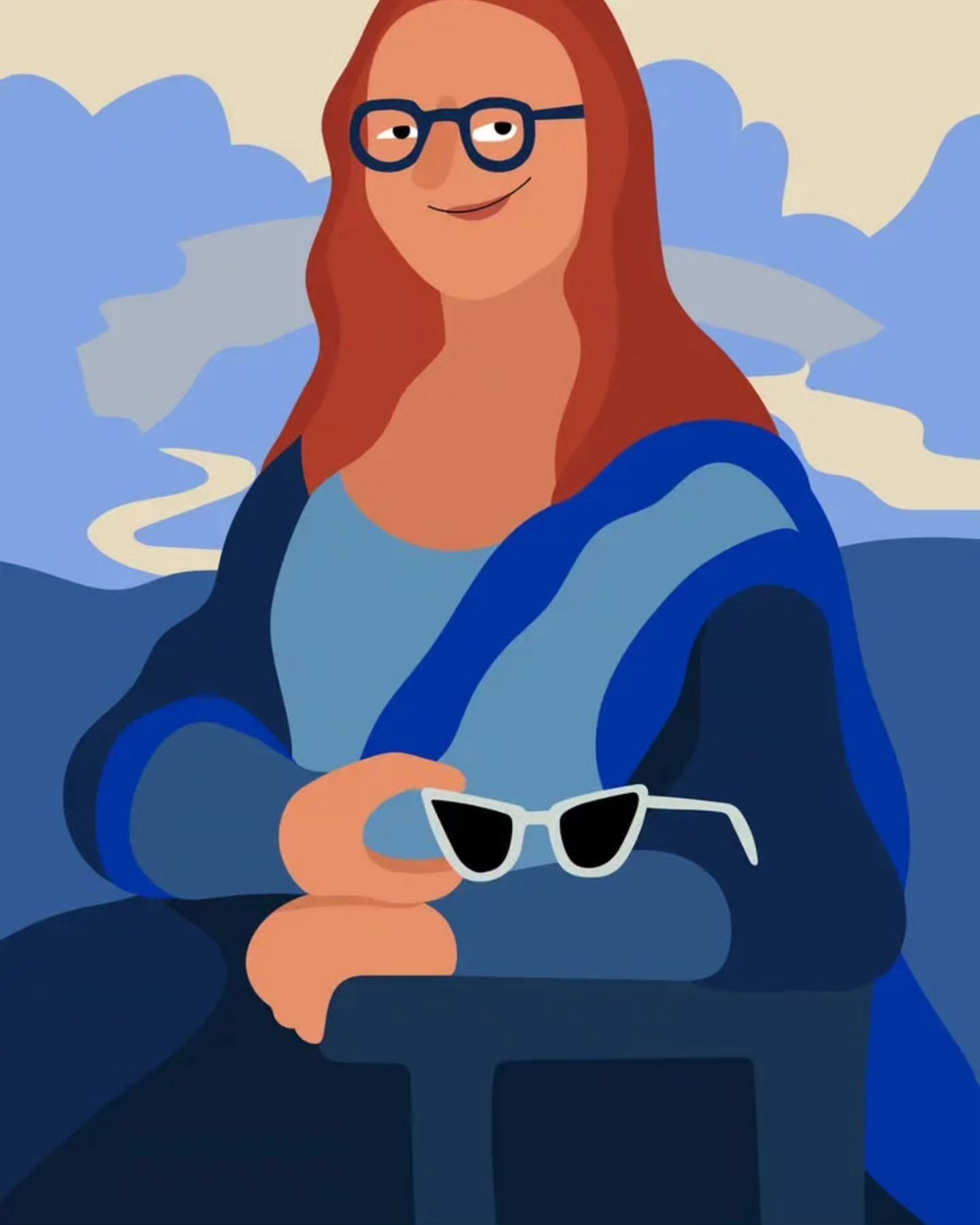 Illustrated artwork features a woman wearing glasses and holding sunglasses in her hand with a blue and white abstract background.