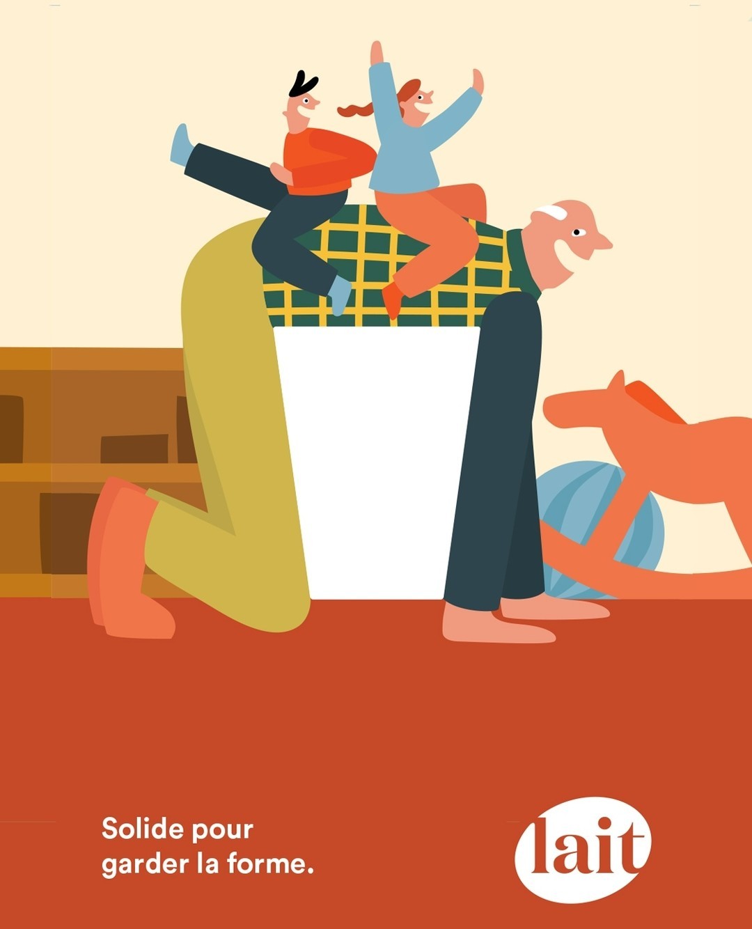 Illustration of an elderly man on his hands and knees, giving two children a piggyback ride. Playful and cheerful animation art.