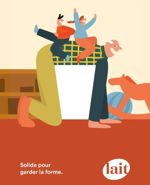 Illustration of an elderly man on his hands and knees, giving two children a piggyback ride. Playful and cheerful animation art.