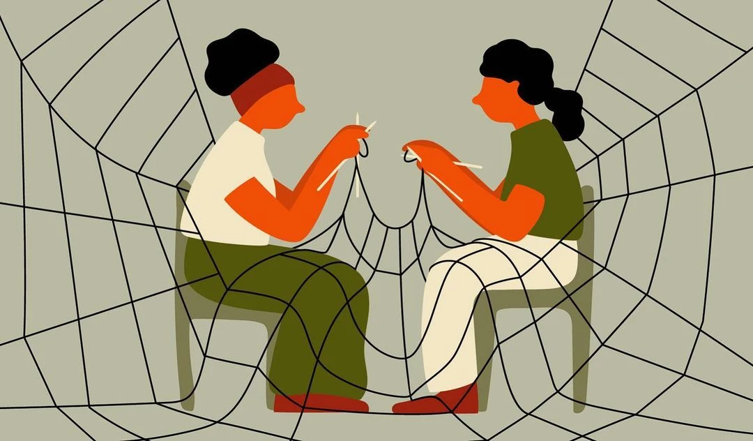 Two women knitting together, creating a spiderweb-like pattern with yarn, illustration against a gray background, wearing casual clothes.