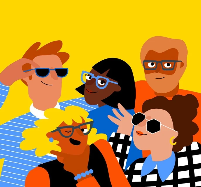 Illustration of a group of diverse adults wearing eyeglasses and sunglasses against a bright yellow background in a vector style.