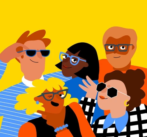 Illustration of a group of diverse adults wearing eyeglasses and sunglasses against a bright yellow background in a vector style.