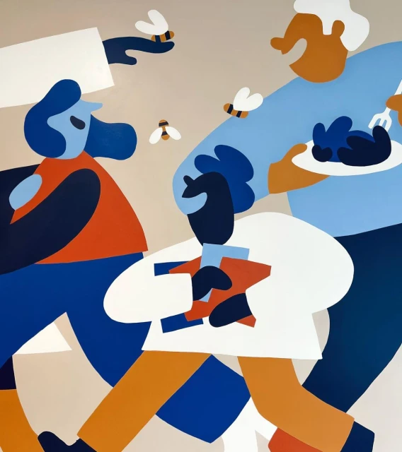 Stylized illustration features four stylized figures in motion, with warm and cool tones, against a neutral backdrop with floating bee insects.