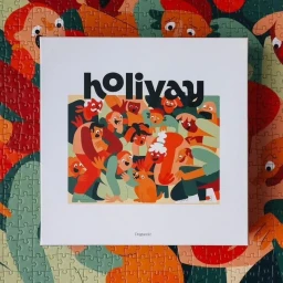 Square illustration box featuring a crowded colorful group of characters with a small dog and bold title text
