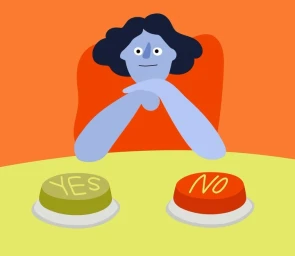Illustration of a blue-skinned person resting arms on a yellow table with two buttons marked yes and no by Cecile Gariepy.