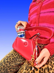 Close-up of a person holding an open red leather handbag containing a Pepsi can and sunglasses against a blue gradient background.
