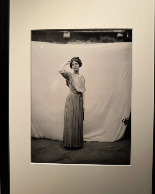 Monochrome studio shot of an adult female model posing in long pleated gown with hand on head, against white backdrop.