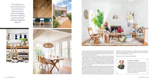 Interior design featuring a woman sitting by a fireplace with a dog, plus dining room and outdoor seating areas, in a home decor magazine.
