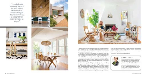 Interior design featuring a woman sitting by a fireplace with a dog, plus dining room and outdoor seating areas, in a home decor magazine.