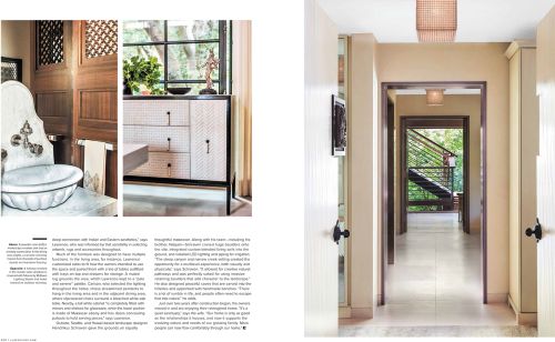 Interior design magazine layout featuring a bathroom sink and hallway with stairs. Interior design and architecture are visible.