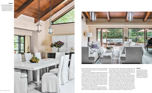 Dining room and living room featuring modern interior design with white furniture, wood accents, and natural light from large windows and doors.