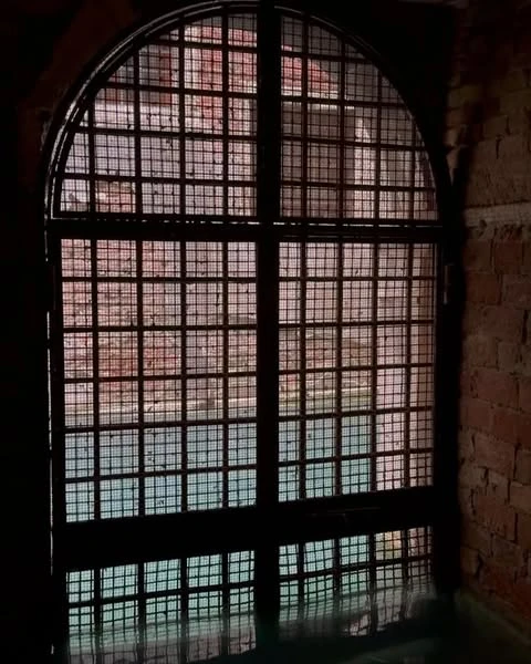 Arched window with dark metal bars, partially reflecting light, set in a textured brick wall within a dimly lit interior space.
