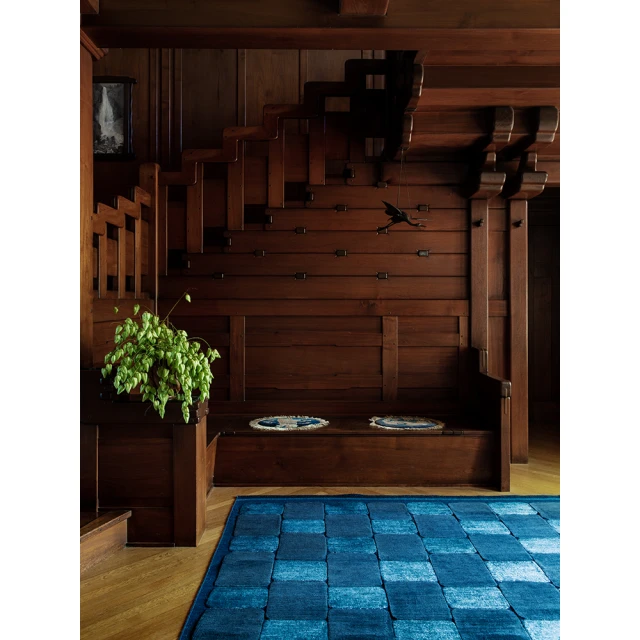 Interior view of a home showing a blue carpet, dark wood-paneled wall, decorative stairs, potted plant, and decorative bird.