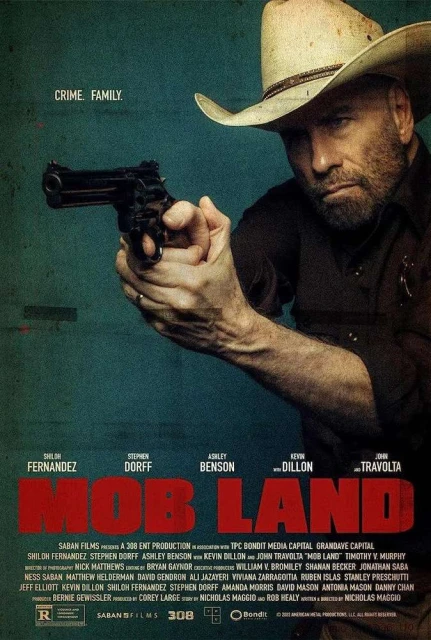 Movie poster for Mob Land features a law enforcement character holding a gun with a cowboy hat on a teal background with red title text.