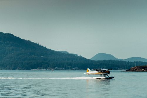 Seaplane with yellow accents taking off from calm ocean waters, set against a backdrop of green forested mountains and a pale sky.