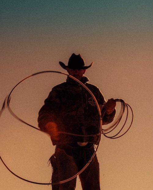 Cowboy swinging a lasso under warm lighting with a gradient sky. Silhouette and texture show details in clothing and rope.