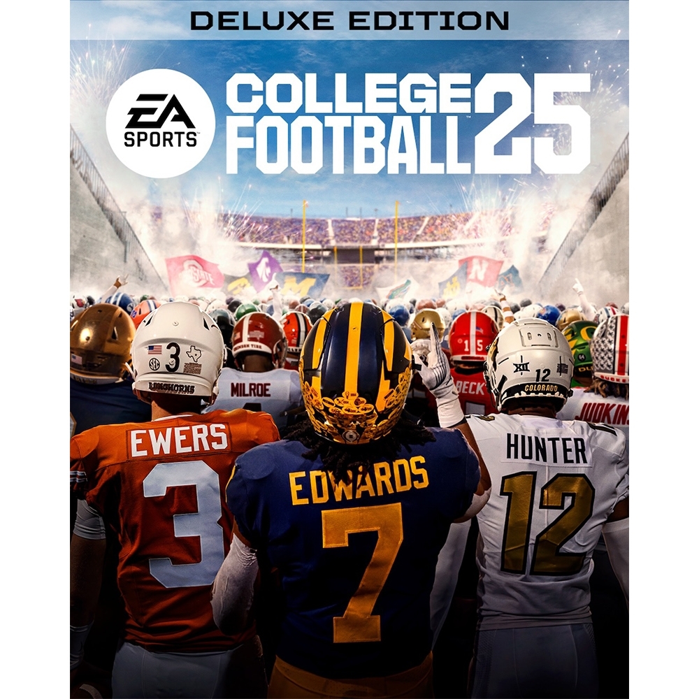 College Football 25 deluxe edition video game cover featuring football players in uniform and helmets, with a stadium in the background.