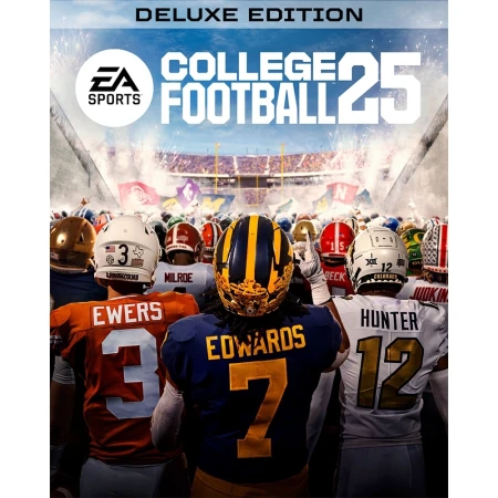 College Football 25 deluxe edition video game cover featuring football players in uniform and helmets, with a stadium in the background.