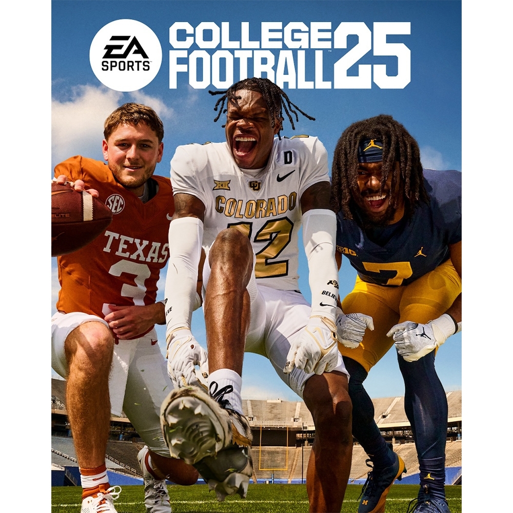 College Football 25 game cover featuring three college football players in team uniforms on a stadium background. 