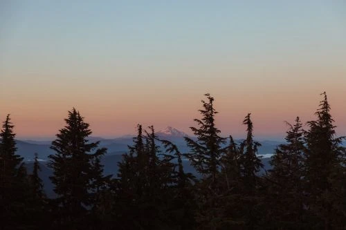 Scenic dusk landscape with silhouette fir trees, distant mountains, and pastel gradient sky in blue, pink, and orange hues.