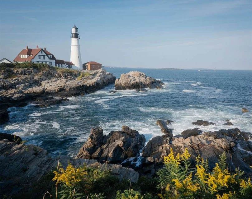 Scenic view of the Portland Head Light lighthouse on a rocky coastline with the Atlantic Ocean under a clear blue sky.