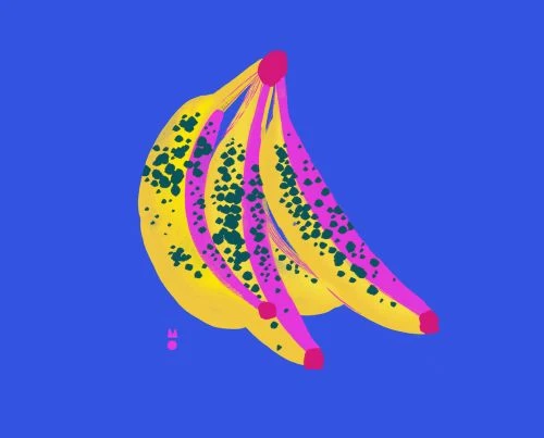 An illustrated cluster of yellow bananas with pink under-sides and dark spots against a solid blue background.