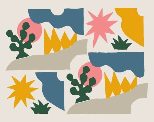 Abstract art featuring a color block design with geometric shapes in muted colors like blue, pink, yellow, and green on an off-white background.