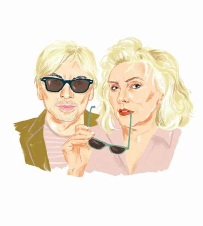 Digital illustration portrait of a blonde man wearing sunglasses and a blonde woman biting sunglasses by Fumi Nagasaka