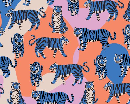 Illustrated pattern of many blue tigers in various poses on a vibrant background with orange, blue, and pale pink geometric shapes.