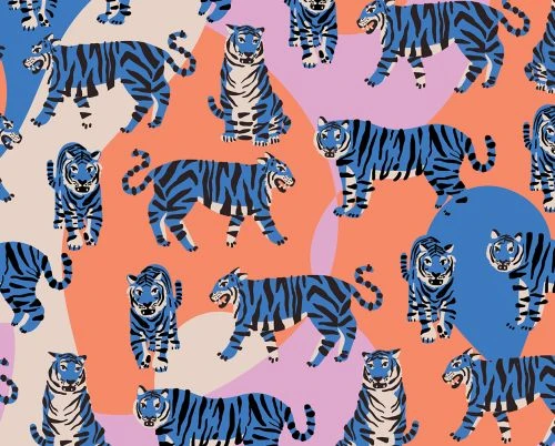 Illustrated pattern of many blue tigers in various poses on a vibrant background with orange, blue, and pale pink geometric shapes.