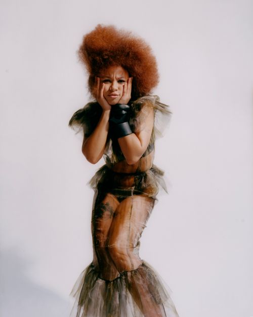 Portrait of an adult woman with an afro hairstyle, wearing sheer clothing with ruffles and black boxing gloves, standing in a photo studio.