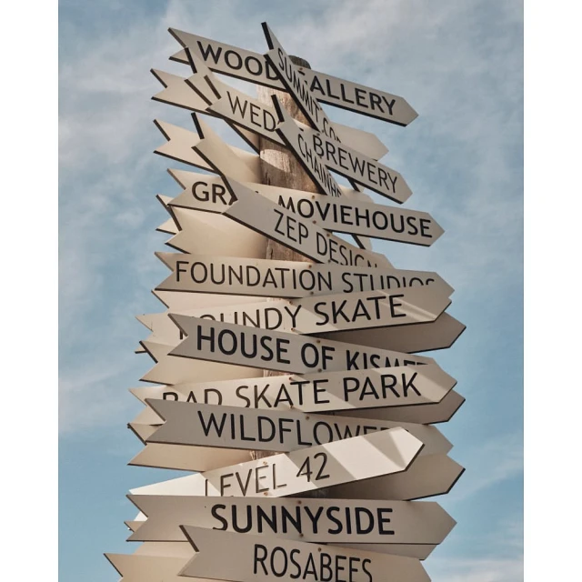 Wooden signpost pointing in many directions against a blue sky. The signs list local business names, skate parks, and other destinations.