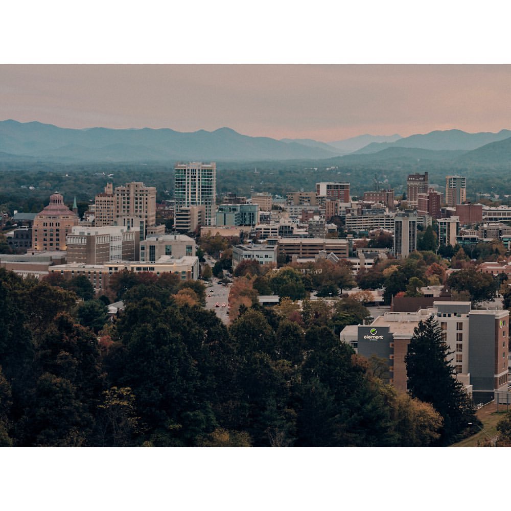 An aerial view of a city with skyscrapers, trees in the foreground, and mountains in the distance under a cloudy sky.