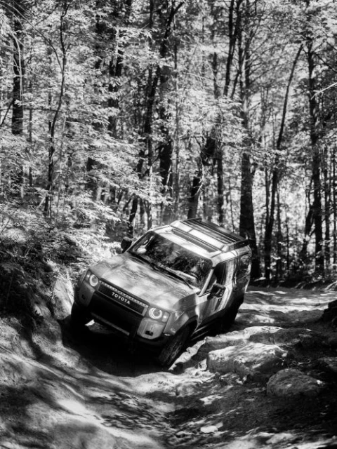 Toyota FJ Cruiser climbs a rocky off-road trail through a sun-dappled forest. Black and white image highlighting the vehicle's rugged design.